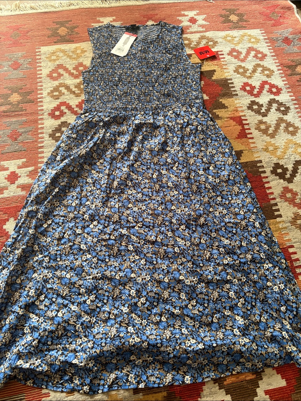 Blue Floral Sleeveless Dress - Smocked Bodice